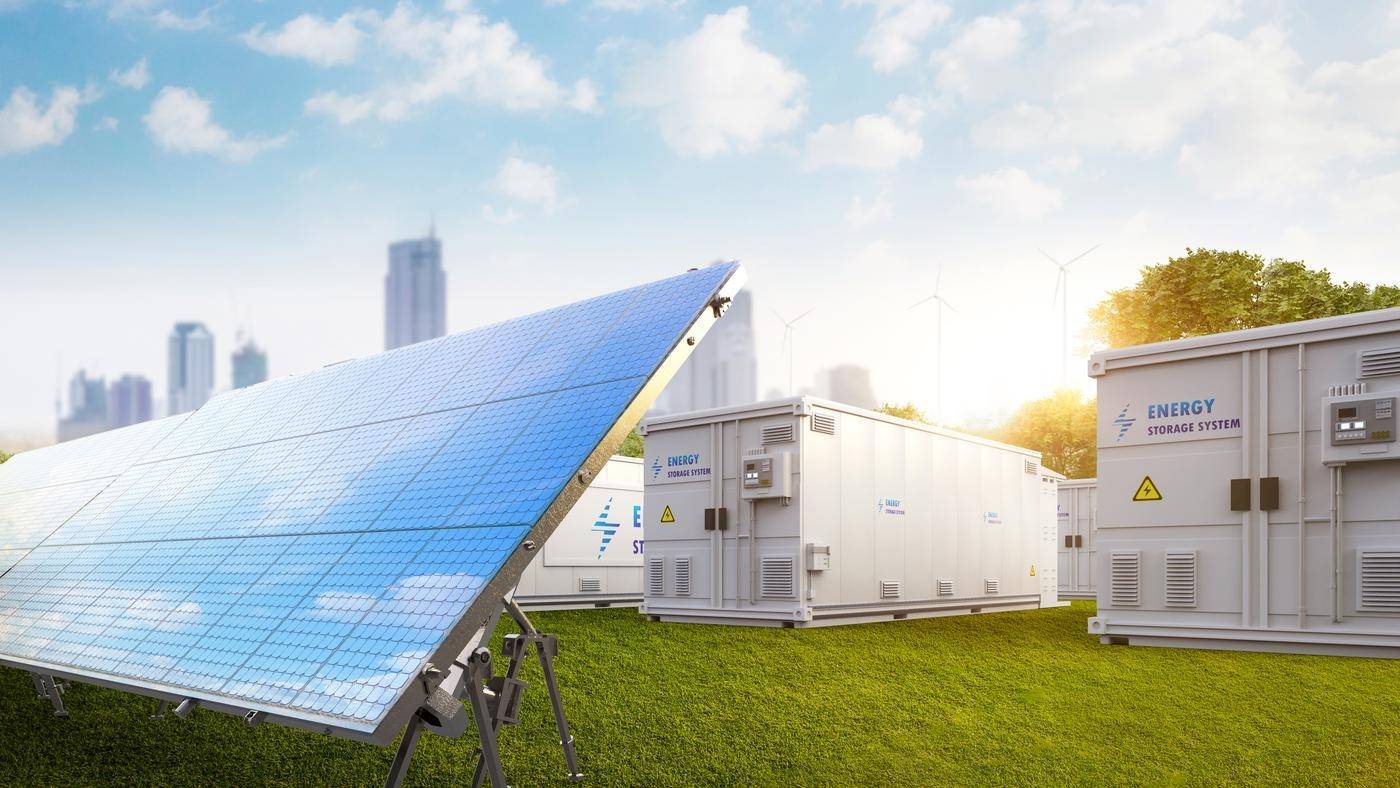 3d rendering amount of energy storage systems or battery container units with solar and turbine farm