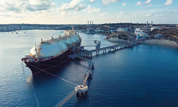 A Liquefied Natural Gas (LNG) Tanker Moored To The Jetty From Above