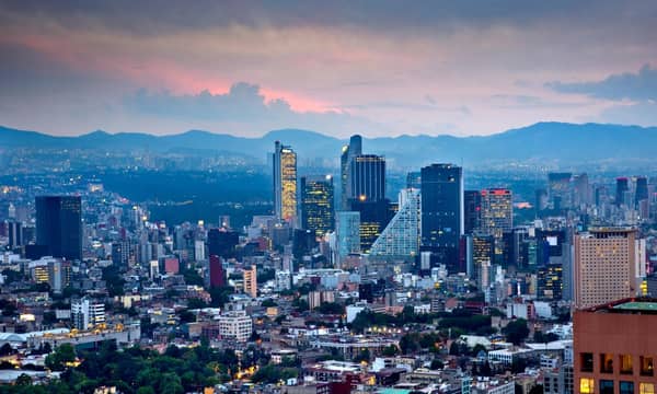 Elevated view of the modern office buildings along Paseo de la Reforma in Mexico City.  The lower buildings to the right are located in the district of Polanco.