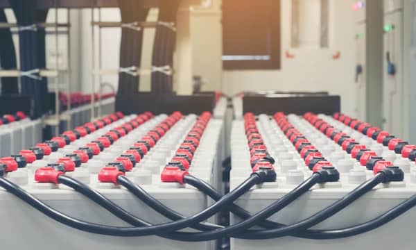 Battery pack in battery room in power plant for supply electricity in plant during shutdown phase, Rows of batteries in industrial backup power system.