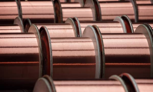 Spools of copper wire in a factory.