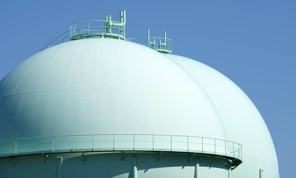 Sphere gas tanks in petrochemical plant against the blue sky.
