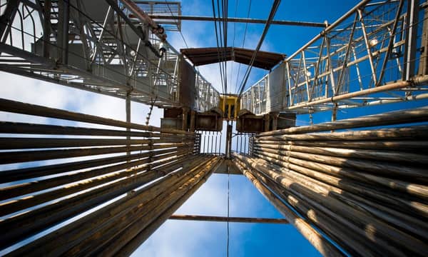 A view of an oil rigs central drilling columns.