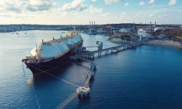 A Liquefied Natural Gas (LNG) Tanker Moored To The Jetty From Above