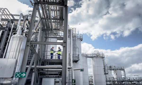 Two workers standing on the exterior steps of an industrial plant.