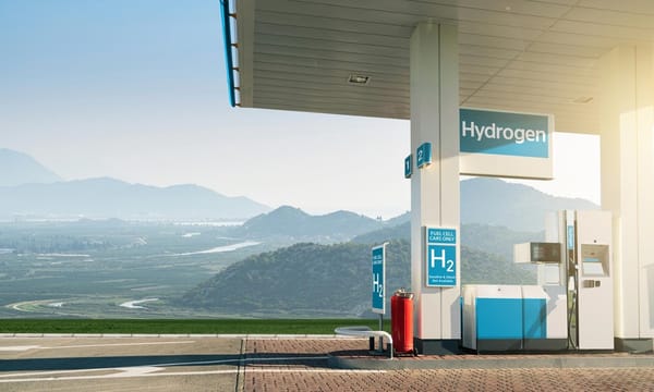 A covered hydrogen fuel cell vehicle charging station in the mountainous countryside.