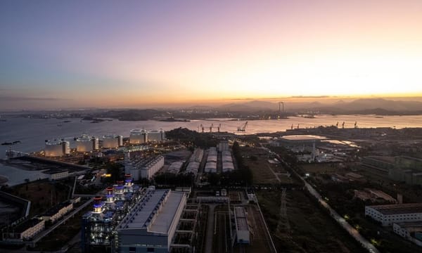Aerial view of a gas-fired power plant at night in Fujian Province, China. electricity, energy, LNG, carbon footprint,