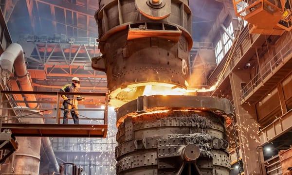 A worker is smelting metal on a raise platform in an industrial factory.