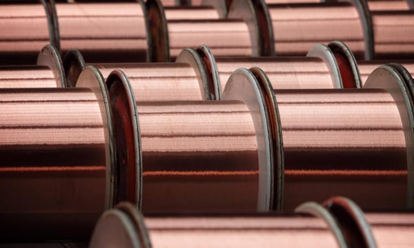 Spools of copper wire in a factory.