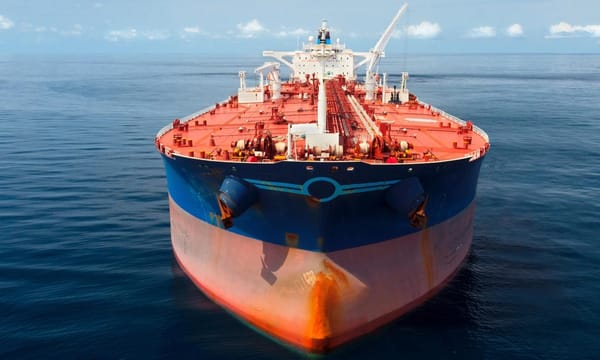 A close-up of a large red and blue oil tanker in the ocean.