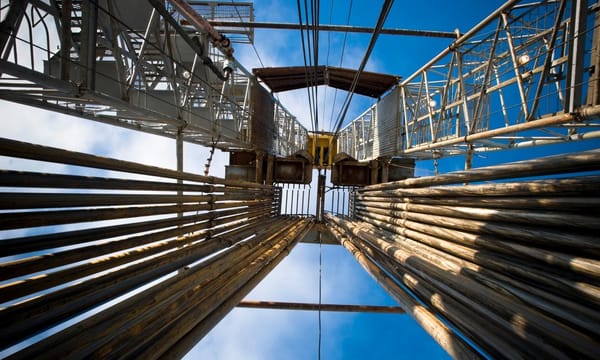 A view of an oil rigs central drilling columns.