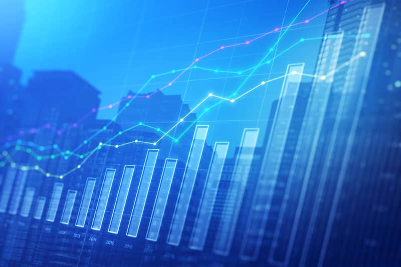 Digital chart displaying upward market trends and analytics, symbolizing growth, forecasting, and industry insights.