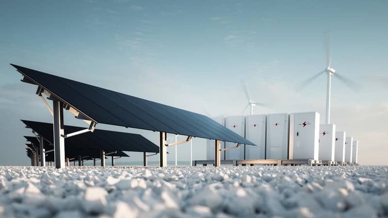 3D rendering of rows of solar panels and electricity storage units, wind turbines in the distance.