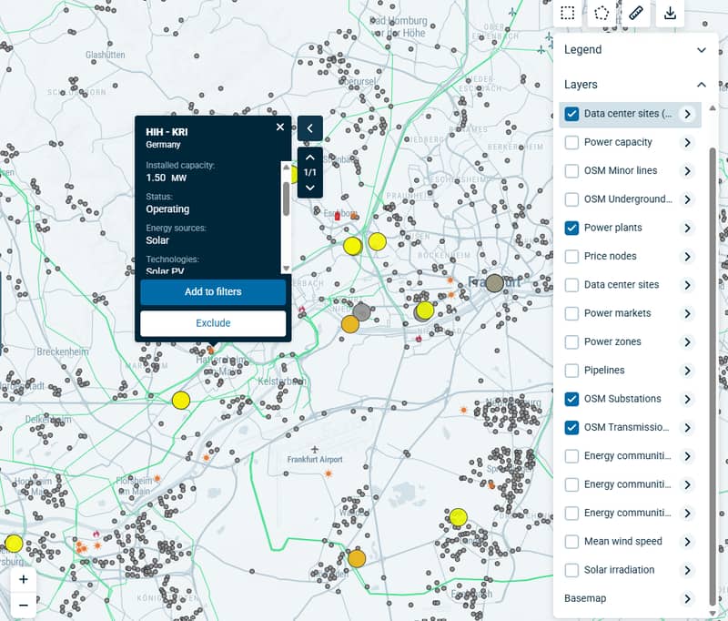 Lens Platform showing data center sites on a map