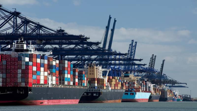 Container ships and gantry cranes at a busy port.