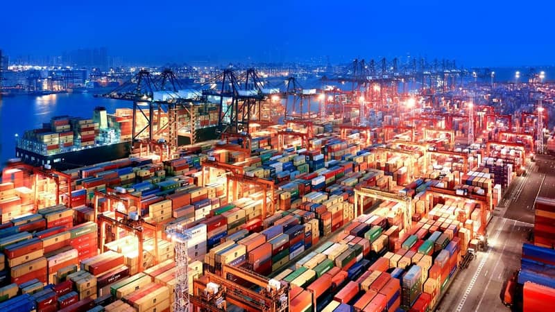 The Hong Kong Container Terminal at dusk.