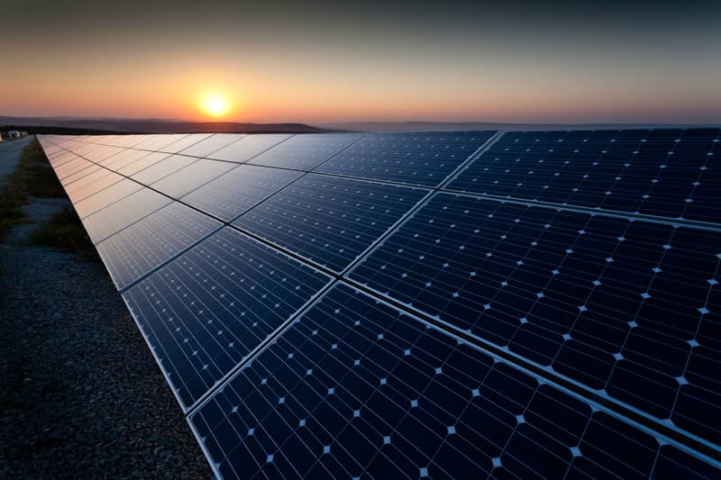 Solar farm at dusk