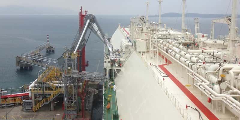 Oil and gas industry - liquefied natural gas tanker LNG under cargo operations.