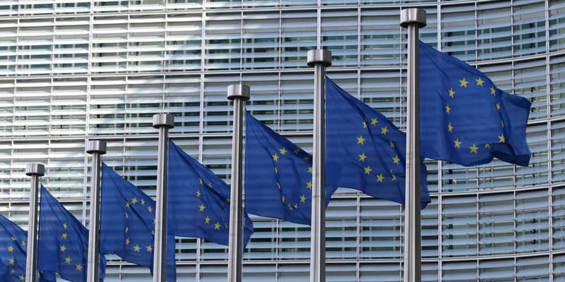 A row of EU flags rippling in the breeze, outside the Parliament Building, Strasbourg, France.