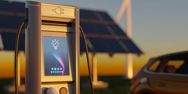 Electric car charging with wind turbines and solar panels in the background.