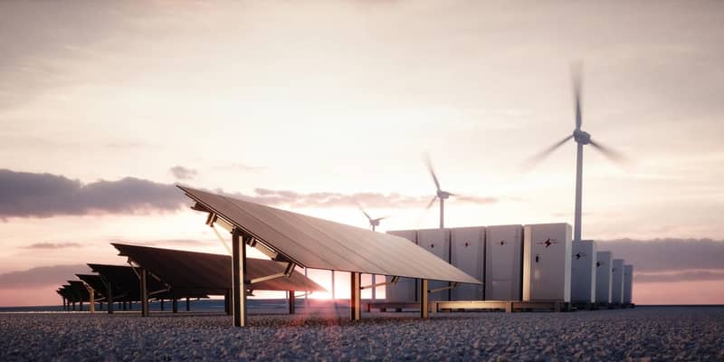Dawn of new renewable energy technologies. Modern, aesthetic and efficient dark solar panel panels, a modular battery energy storage system and a wind turbine system in warm light. 3D rendering.