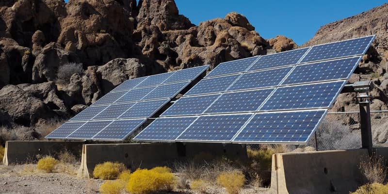 Solar panels at the edge of a rocky cliff.