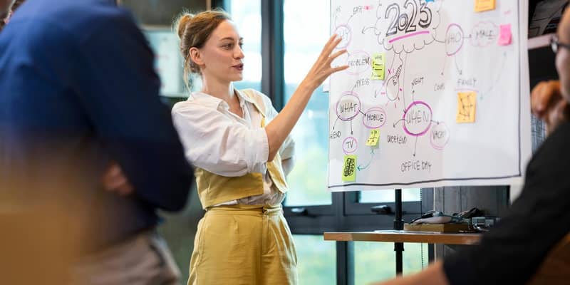 Empower Your Teams to Work Together More Effectively. A Female Business team leader present on new business workflows with her team for brainstorm ideas to manage customer project.