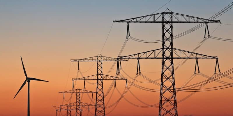 Wind turbines and electricity pylons at sunset.