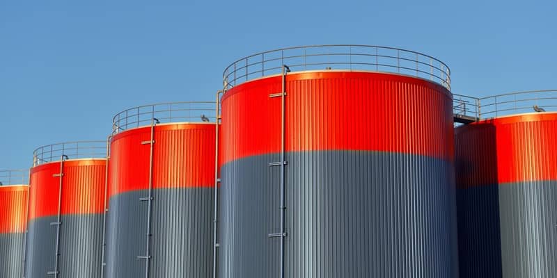 Multiple rows of connected red and grey storage tanks, with a blue sky with copy space in the background.