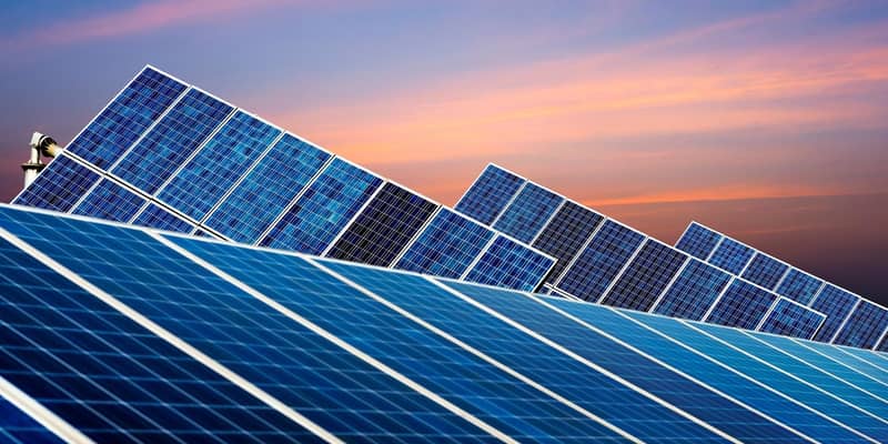 A close-up of two rows of solar panels at dusk.
