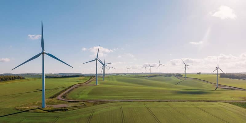 Aerial view of wind turbines in a field, on a sunny day.