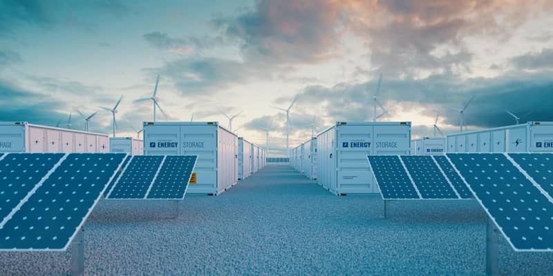 Battery storage power station 
accompanied by solar and wind  turbine power plants. 3d rendering.