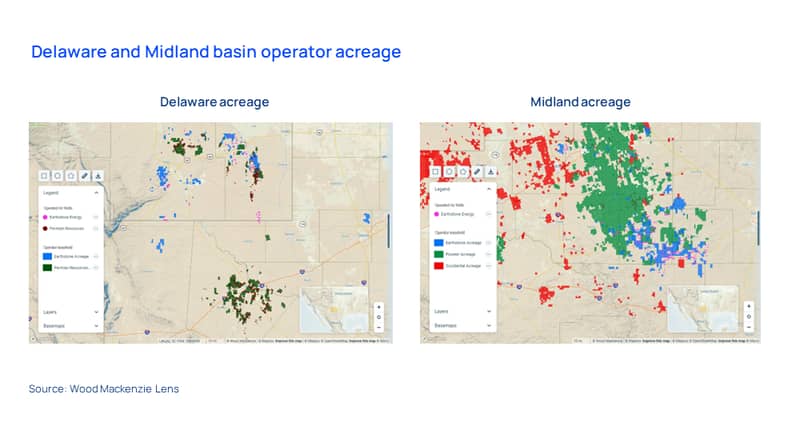 Maps show Delaware and Midland acreage. 