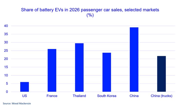 Share of batter EVs in 2026 passenger car sales, selected markets (%)