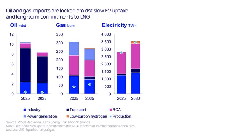 Bar chart showing historic and forecast energy consumption in the EU for oil, gas, and electricity, alongside EU production levels for the same commodities marked with blue diamond symbols. The chart indicates that while consumption of fossil fuels gradually declines and electricity use evolves over time, EU production remains significantly below consumption across oil and gas, highlighting continued reliance on imports through the mid-2030s and beyond.