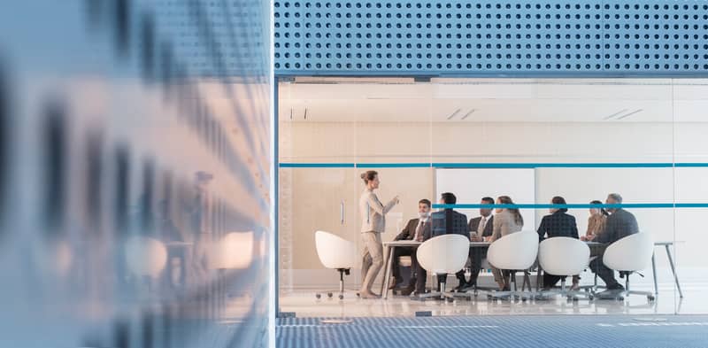 Greater inclusion and diversity has been shown to boost corporate performance. Image shows woman speaking in boardroom meeting 