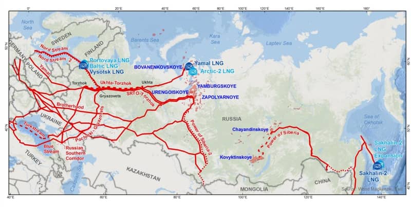 A map showing pipeline routes for Russian Gas