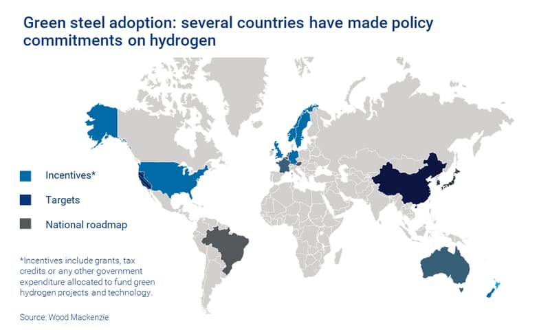 Map shows that several countries have made policy commitments on hydrogen 