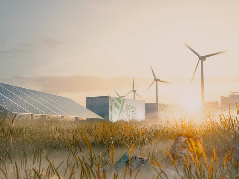 Concept of renewable energy solution in beautiful morning light. Installation of solar power plant, container battery energy storage systems, wind turbine farm and city in background. 3d rendering.