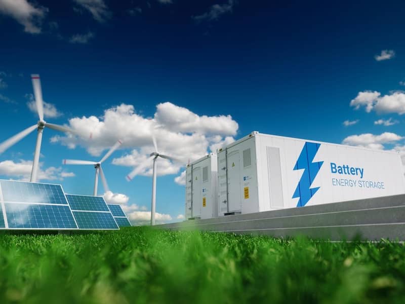 3D rendering of electricity storage units, solar panels and wind turbines, in a green field on a clear day.