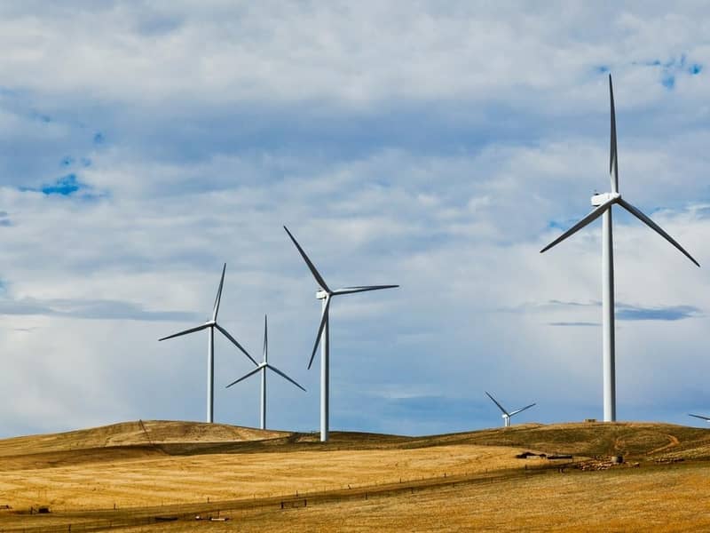 A group of wind turbines in a crop field, under a cloudy blue sky.