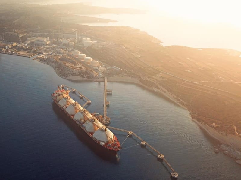 High angle view of a Gas Tanker moored to the jetty close to a power station during a foggy sunrise.