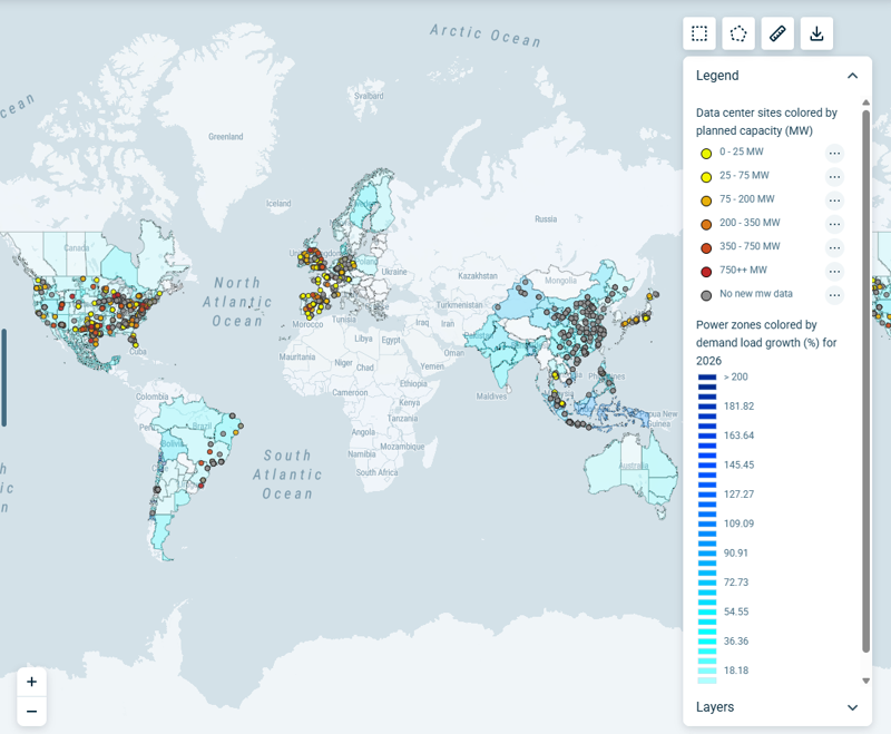 Map showing data centres using Wood Mackenzie Lens