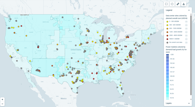 Map showing data centres in the US using Wood Mackenzie Lens