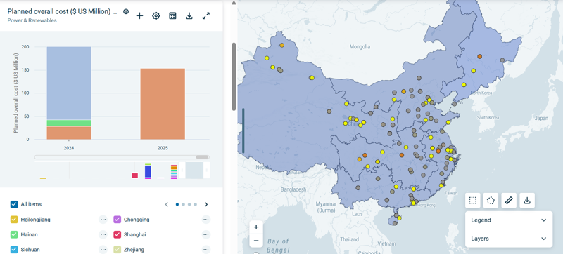 Map showing data centres in China with planned overall costs using Wood Mackenzie Lens
