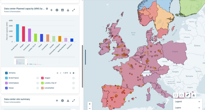 Map showing data centre capacities of European Countries using Wood Mackenzie Lens