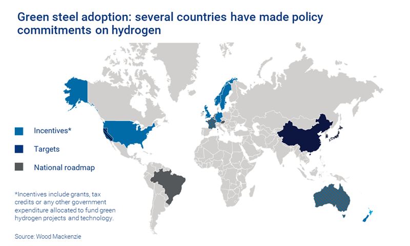 Map shows that several countries have made policy commitments on hydrogen