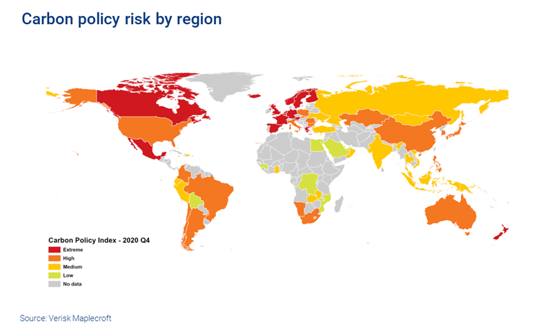 Map shows carbon policy risk by region 
