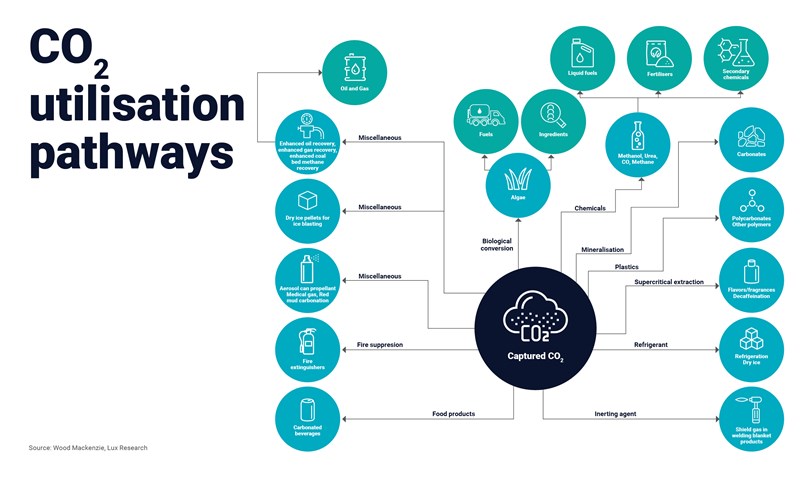 Graphic shows CO2 utilisation pathways, from captured Co2 to industrial use