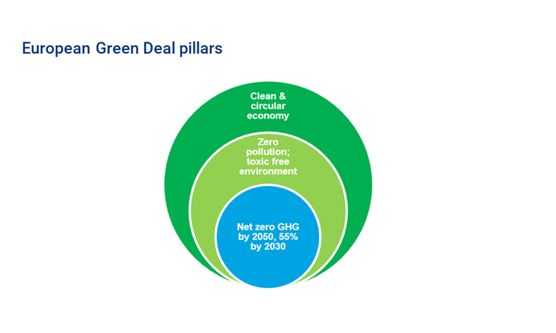 European Green Deal pillars include net zero GHG by 2050, 55% by 2030